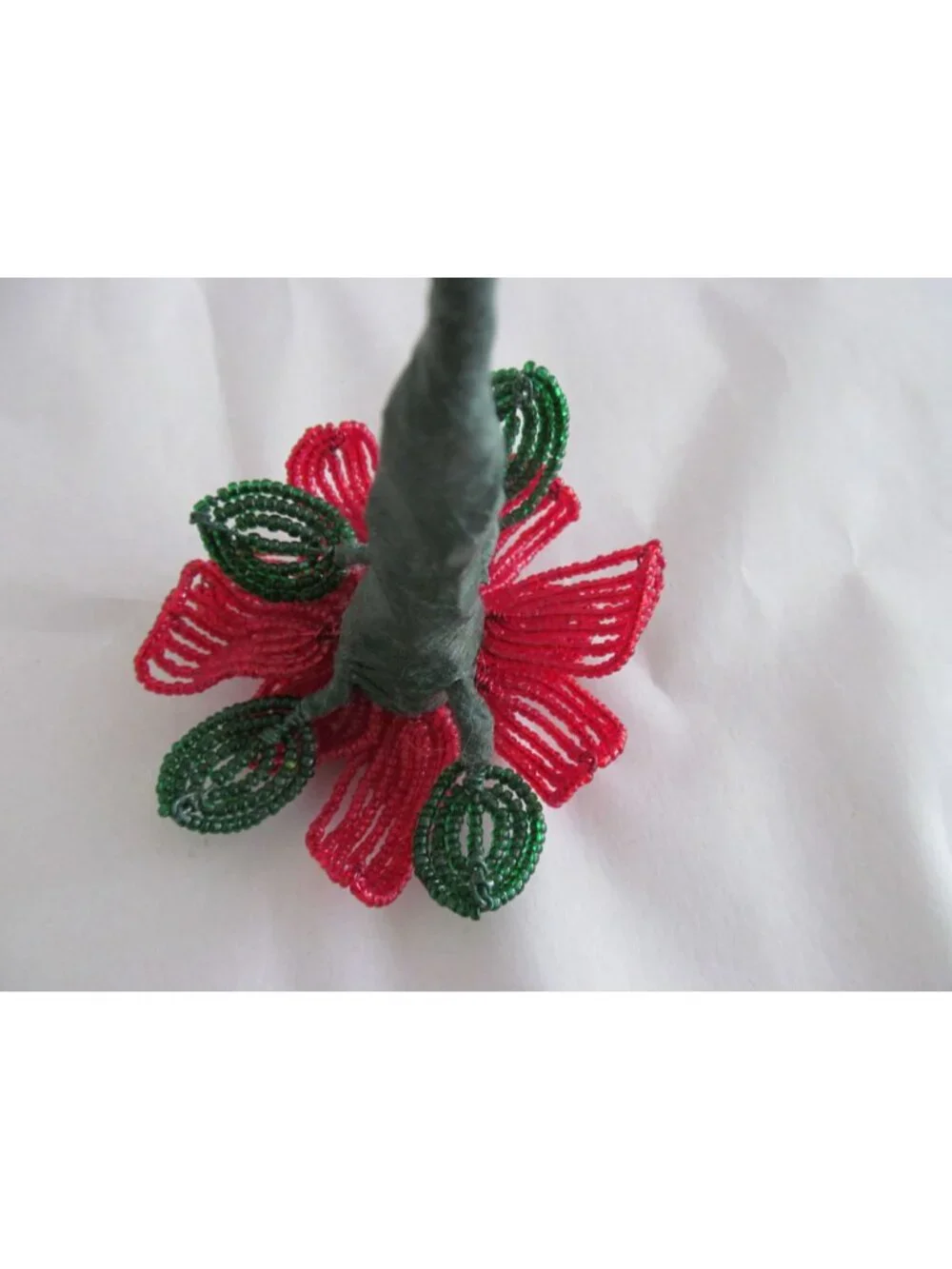 Handcrafted Red & Green French Beaded Flower with Stem Home Decor Gift 11 inch